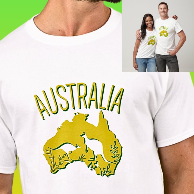 Camiseta Mapa verde-amarelo da Austrália com cangurus à luz (Criador carregado)