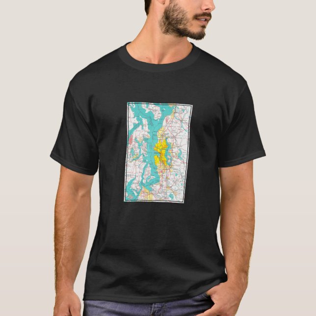 Camiseta Mapa Vintage Seattle e Puget Sound 1970 (Frente)