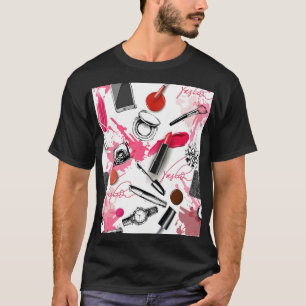 Camiseta maquiagem desenhada à mão, padrão gráfico vintage.