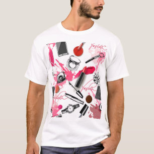 Camiseta maquiagem desenhada à mão, padrão gráfico vintage.