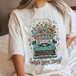 Camiseta Máquina de Escrever Floral "Escreva Sua História"