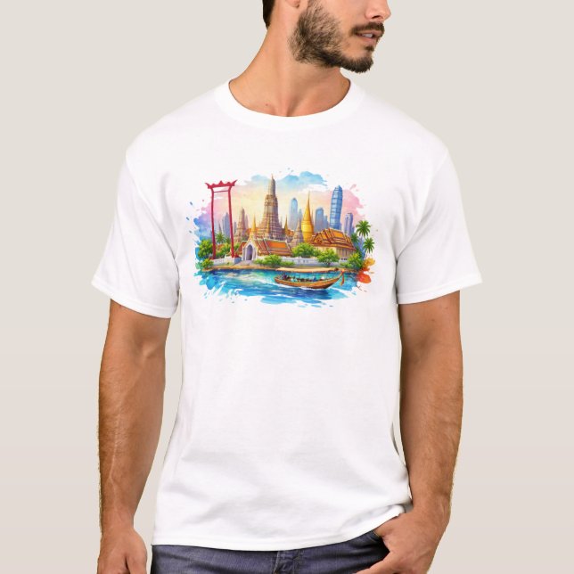 Camiseta Marcos de Bangkok com templos rio e arranha-céus d (Frente)