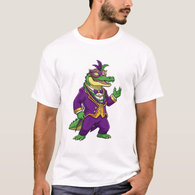 Camiseta Mardi Gras Alligator King in Purple Suit and Mask  (Frente)