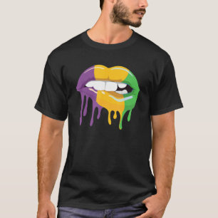 Camiseta Mardi Gras Biting Lábios Miçanga Carnival Party Co