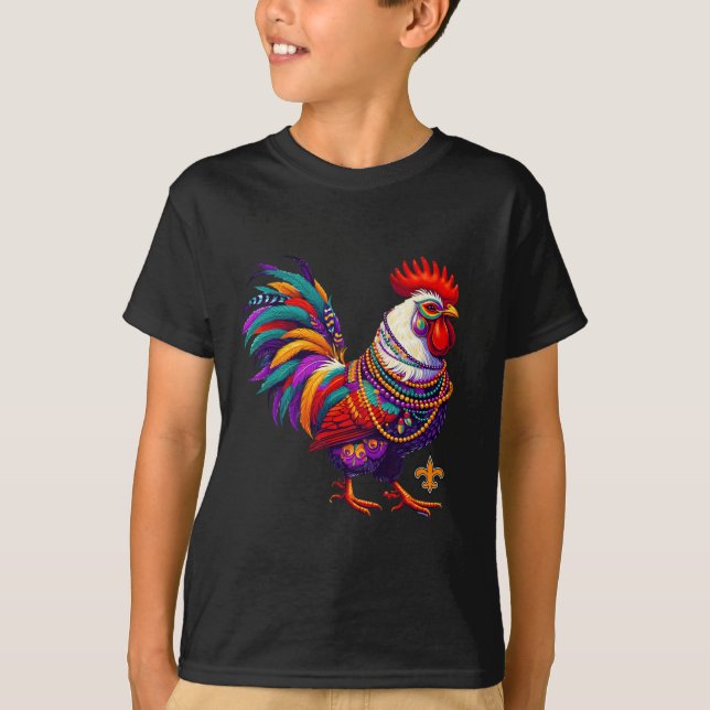 Camiseta Mardi Gras Chicken Rooster Miçangas Nova Orleans E (Frente)