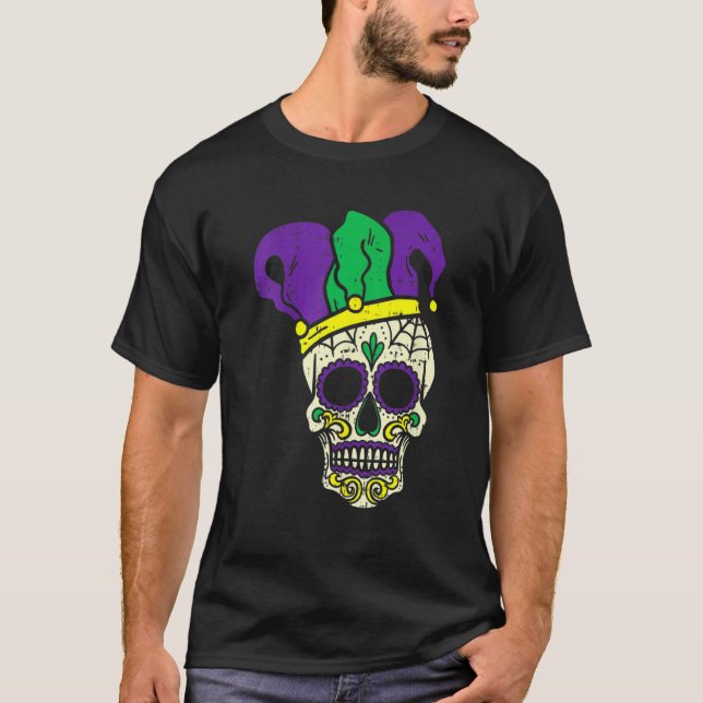 Camiseta Mardi Gras Cute Skull Jester Hat Masked Beads Fest (Frente)