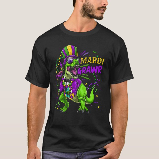 Camiseta Mardi Gras Dabbing Rex Dinosaur Mardi Grawr Bead C (Frente)
