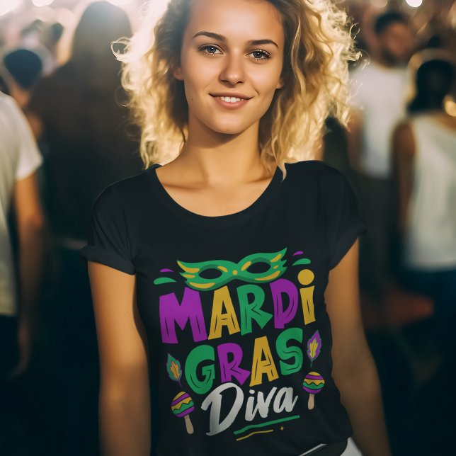 Camiseta Mardi Gras Diva – Purple Mask Carnival Celebration (Criador carregado)