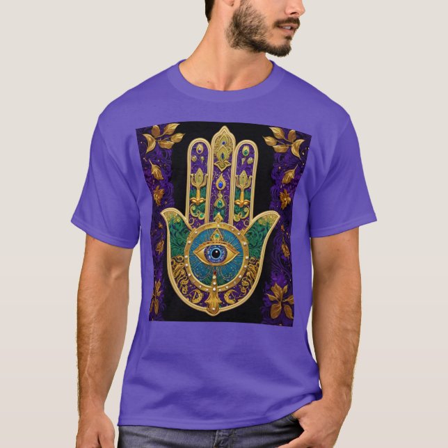 Camiseta Mardi Gras Dourada Roxo Verde Arte Hamsas (Frente)