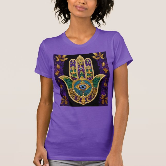 Camiseta Mardi Gras Dourada Roxo Verde Arte Hamsas (Frente)