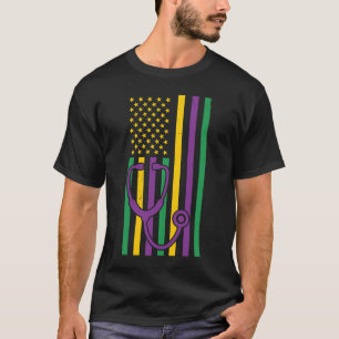 Camiseta Mardi Gras EUA Bandeira Stethoscope Enfermeira Pat