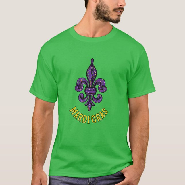 Camiseta Mardi Gras Fleur De Lis Em Verde Amarelo E Roxo (Frente)