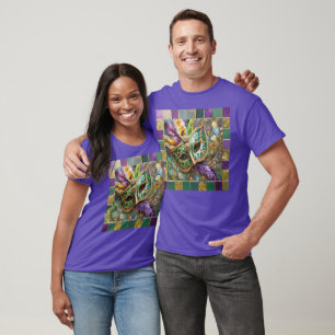 Camiseta Mardi Gras Green e Dourada Máscara de Penas Colori