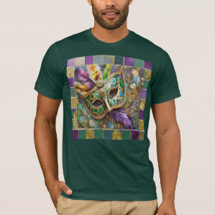 Camiseta Mardi Gras Green e Dourada Máscara de Penas Colori