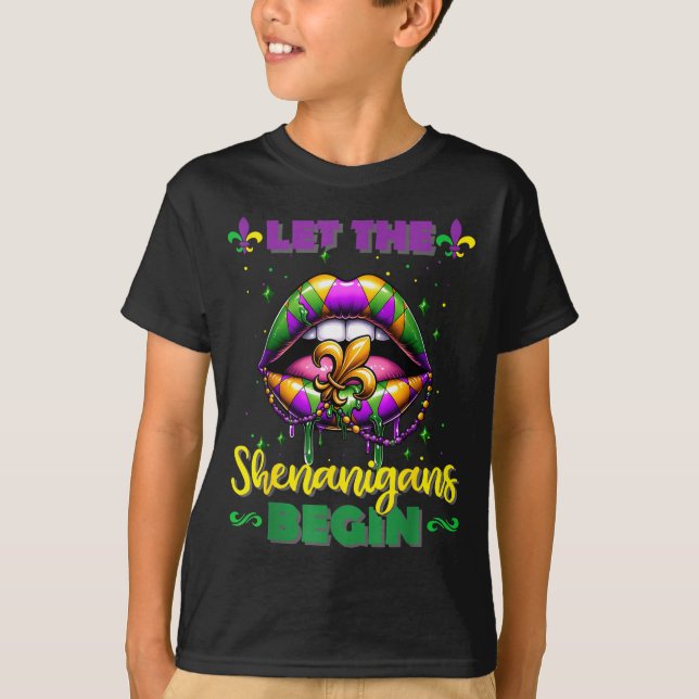 Camiseta Mardi Gras Let The Shenanigans Begin Lips Kids Men (Frente)