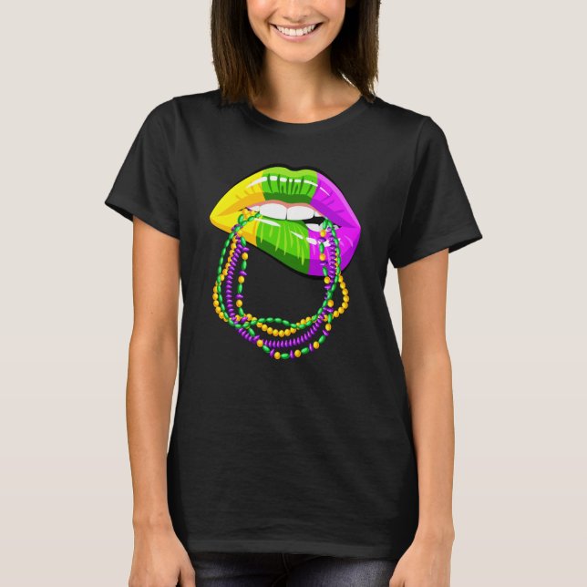 Camiseta Mardi Gras Lips Queen Beads outfit for women Carni (Frente)