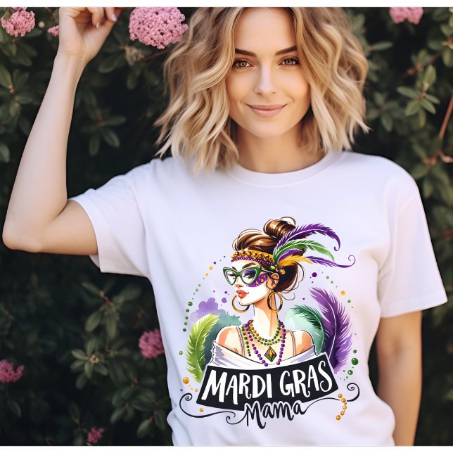 Camiseta Mardi Gras Mama Messy Bun Hair Glass Feliz Mardi (Criador carregado)