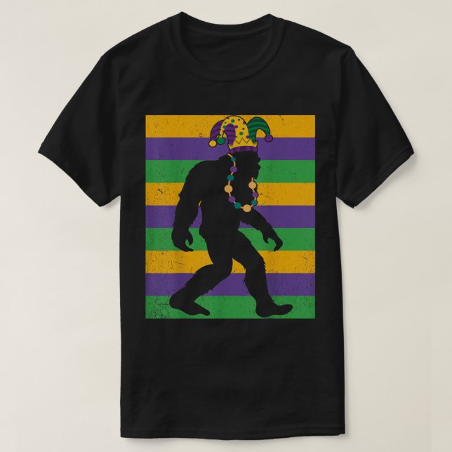 Camiseta Mardi Gras Miçangas Engraçado Sasquatch Yeti Homen (Frente do Design)