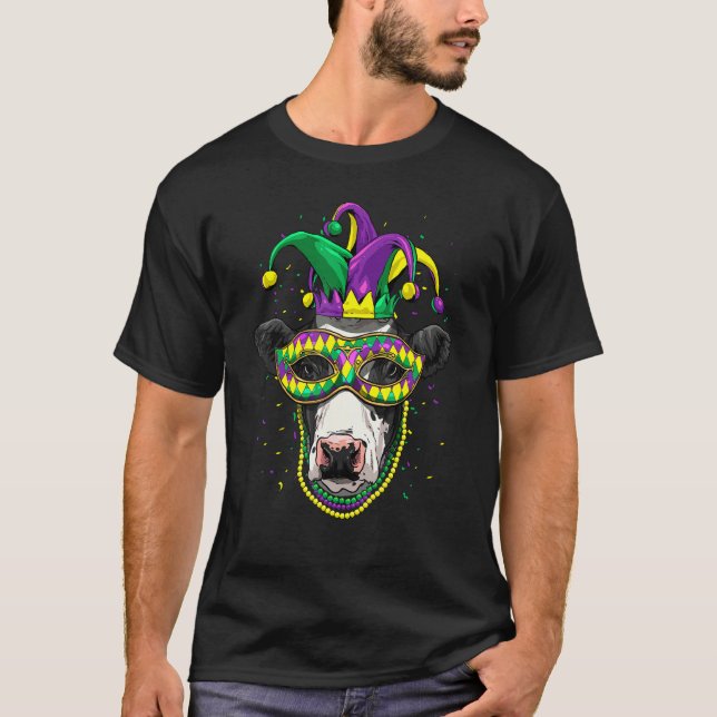 Camiseta Mardi Gras Party Carnival Jester Cow Farmer Animal (Frente)