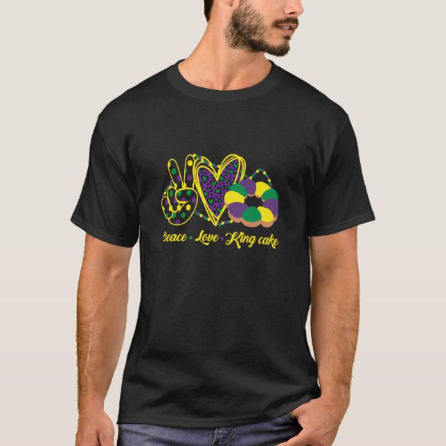 Camiseta Mardi Gras Peace Love & King Cake Style (Frente)