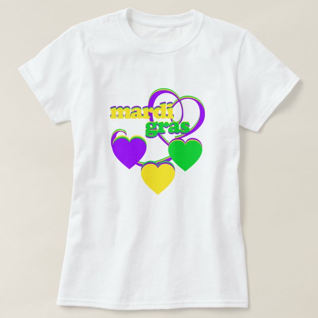 Camiseta Mardi Gras Purple Yellow Green Heart Carnival (Frente do Design)