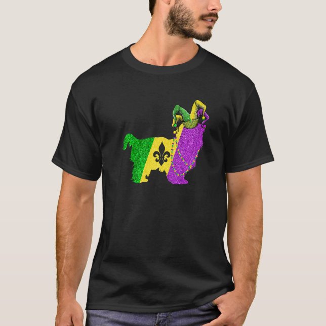 Camiseta Mardi Gras Shih Tzu Dog Mardi Gras Hat Miçanga (Frente)