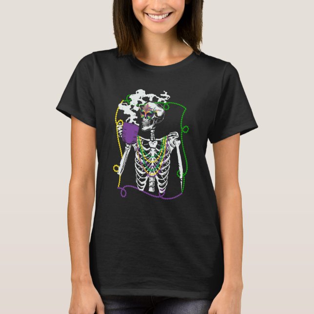 Camiseta Mardi Gras Skeleton Drinking Coffee Mask Beads Fat (Frente)
