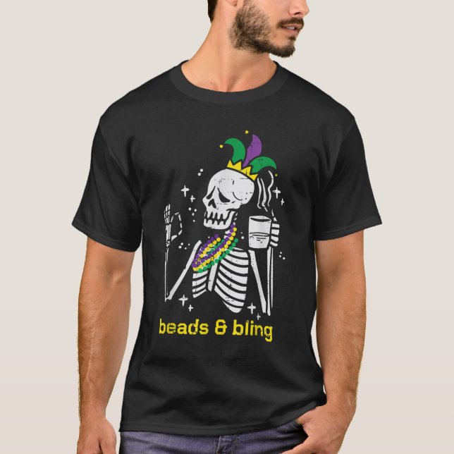 Camiseta Mardi Gras Skeleton Miçangas Bling Engraçado (Frente)