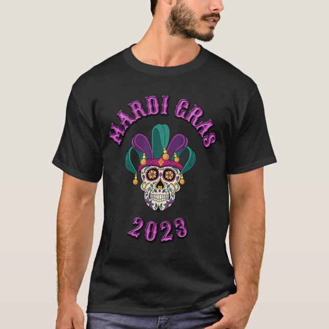 CAMISETA MARDI GRAS SKULL MASK NOVA ORLEANS 2023 FESTIVAL (Frente)