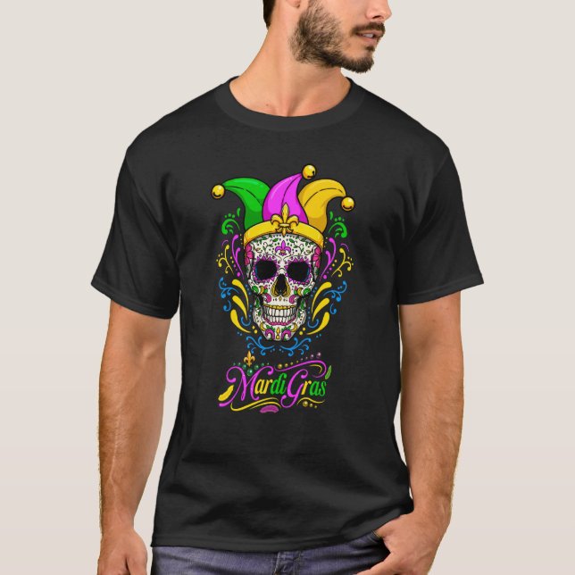 Camiseta Mardi Gras Sugar Skull Fleur De Lis Jesters Hat Pa (Frente)