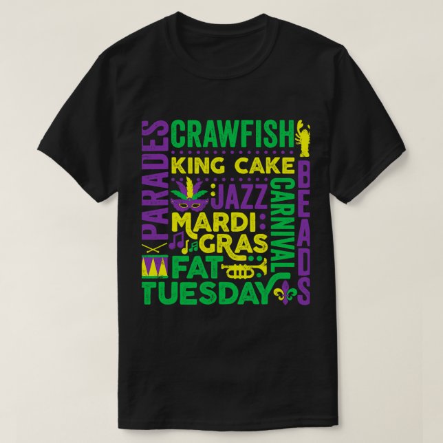 Camiseta Mardi Gras Word Mashup Parade Fat Terça Carnaval (Frente do Design)