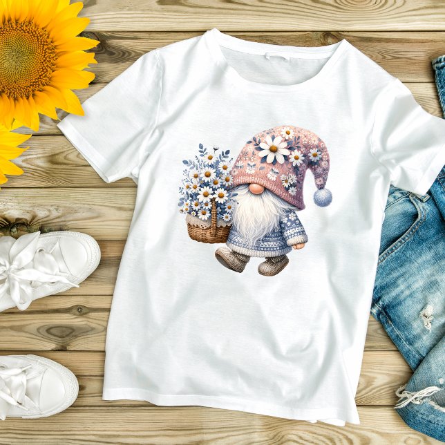 Camiseta Margarida Bonita Adorável Flor Gnomo Mulheres (Daisy Flowers Gnome Women's T-shirt in Gray and White.)
