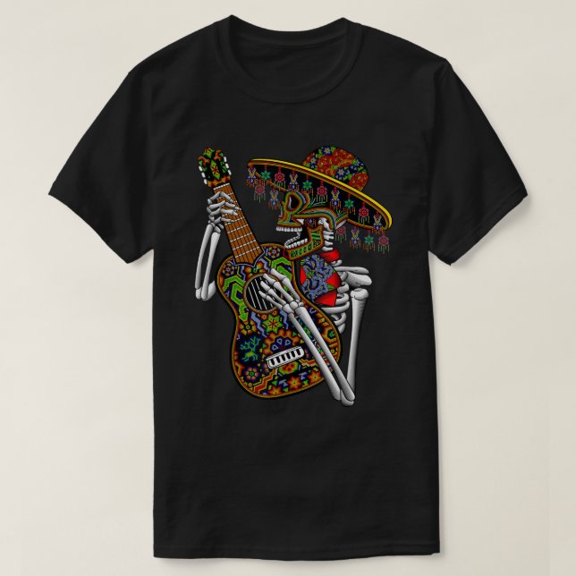 Camiseta Mariachi Skeleton Tocando O Dia Do Violão Dos Mort (Frente do Design)