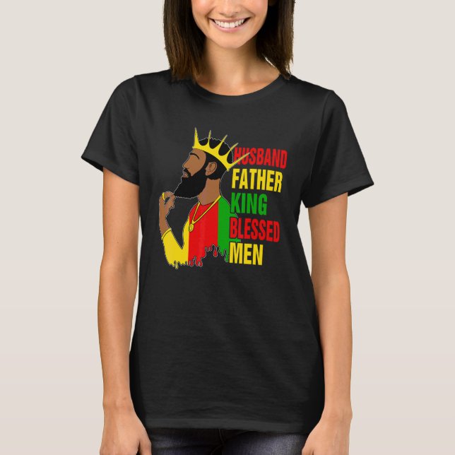 Camiseta Marido Padre Rei Abençoado Homem Negro Pai Fa (Frente)