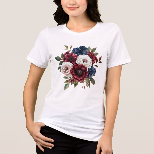 Camiseta Marinho azul-branco Buquê azul-Floral  feminino (Frente)