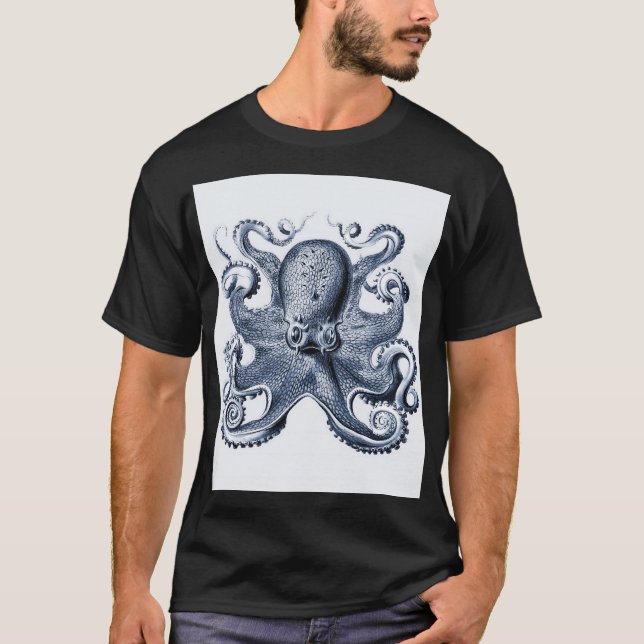 Camiseta Marinho Blue Octopus ilustrado por Ernst Haeckel (Frente)