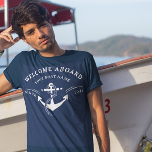 Camiseta Marinho de Âncora do Nome do Barco de Boas-Vindas 