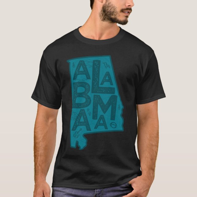 Camiseta Marinho de Tipografia do Mapa do Alabama (Frente)