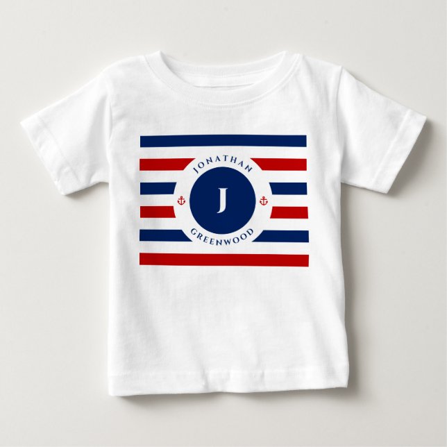 Camiseta Marinho Monograma Azul,  Vermelho, Banhas Brancas (Frente)