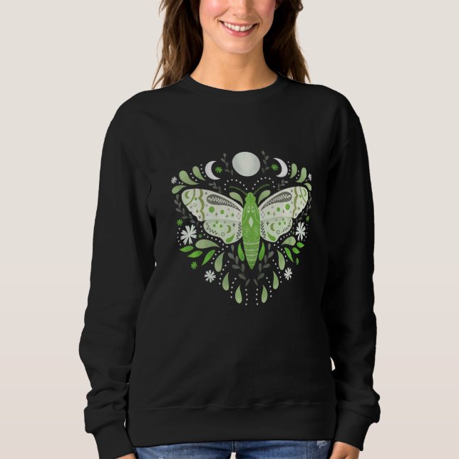 Camiseta Mariposa Mística Verde Flor Celestial Fases da Lua (Frente)