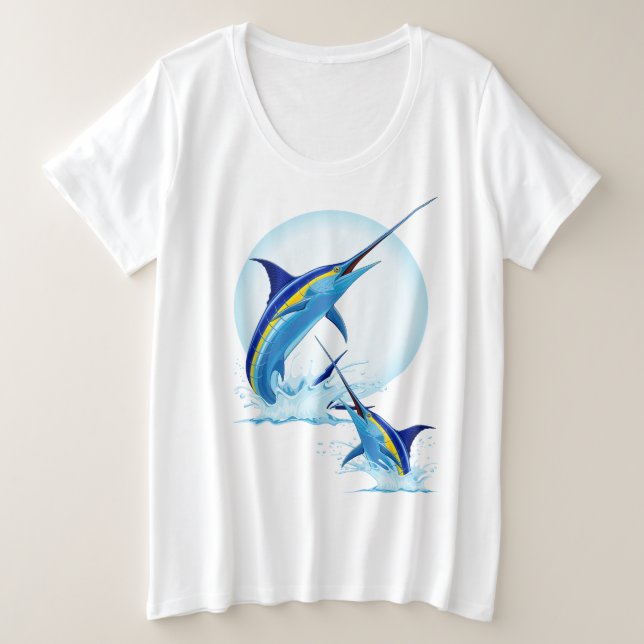 Camiseta Marlin Azul Saltando do Oceano (Frente do Design)