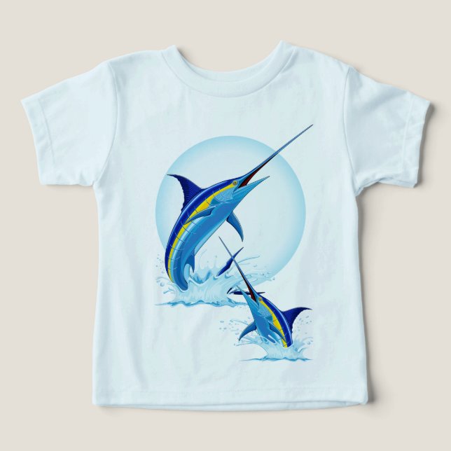 Camiseta Marlin Azul Saltando do Oceano (Design frontal)