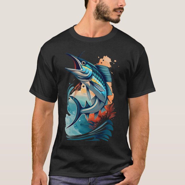 Camiseta Marlin saltando acima das ondas do oceano (Frente)