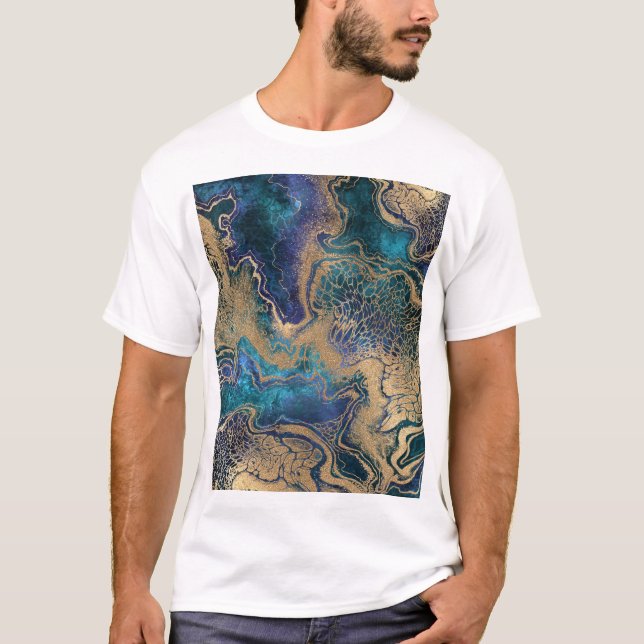 Camiseta Marmoreado azul-dourado: fundo abstrato. (Frente)