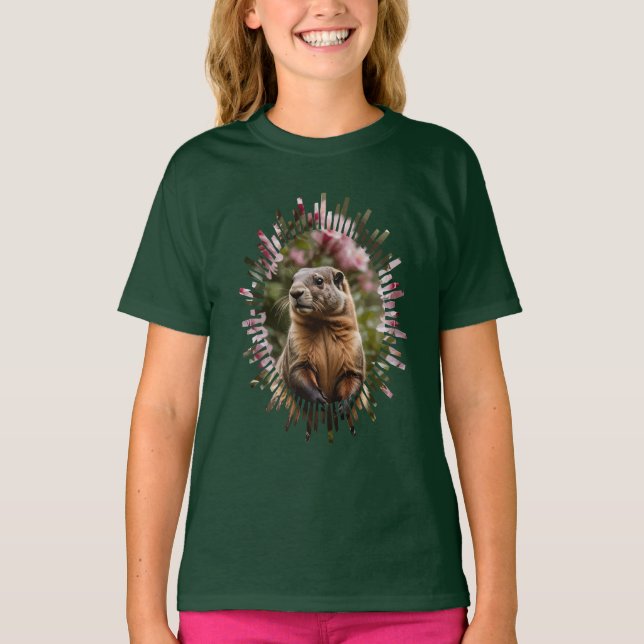 Camiseta Marmota Fofa com Fundo de Rododendro Rosa (Frente)
