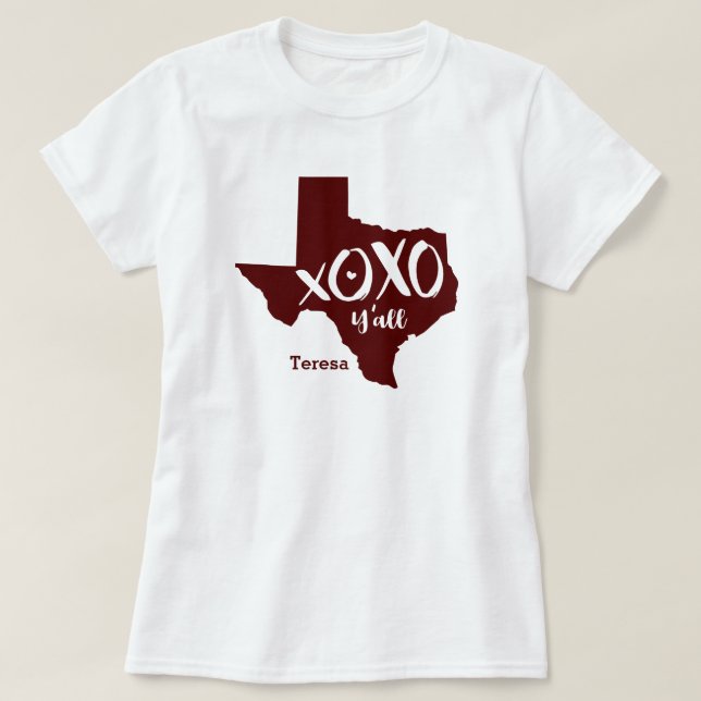 Camiseta Maroon XOXO, Y'all - Texas State Shape (Frente do Design)
