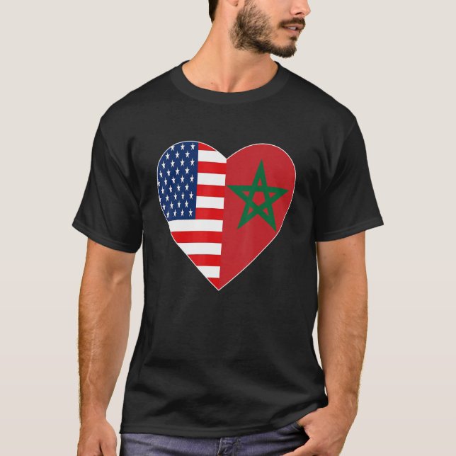 Camiseta Marrocos EUA Bandeira Americana Amor Marrocos Moo (Frente)