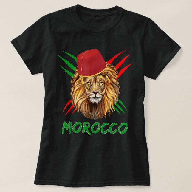 Camiseta Marrocos Lion Flag Esporte Marrocos com chapéu mar (Frente do Design)