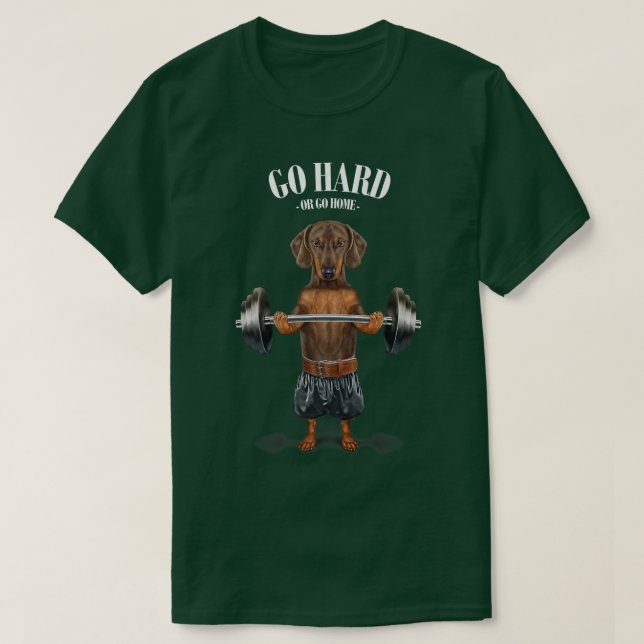 Camiseta Marrom Dachshund Dog Muscle Training Pesar (Frente do Design)