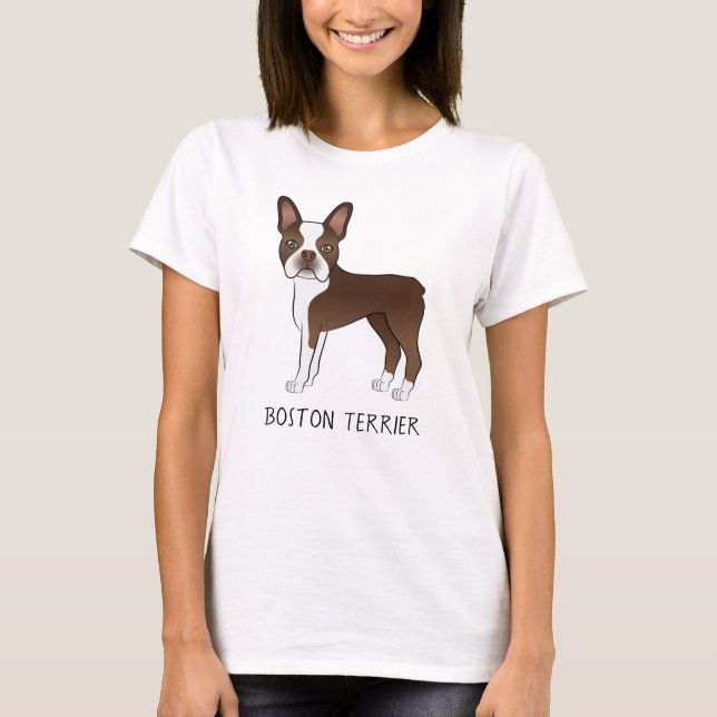 Camiseta Marrom e White Boston Terrier Cão com Texto (Frente)